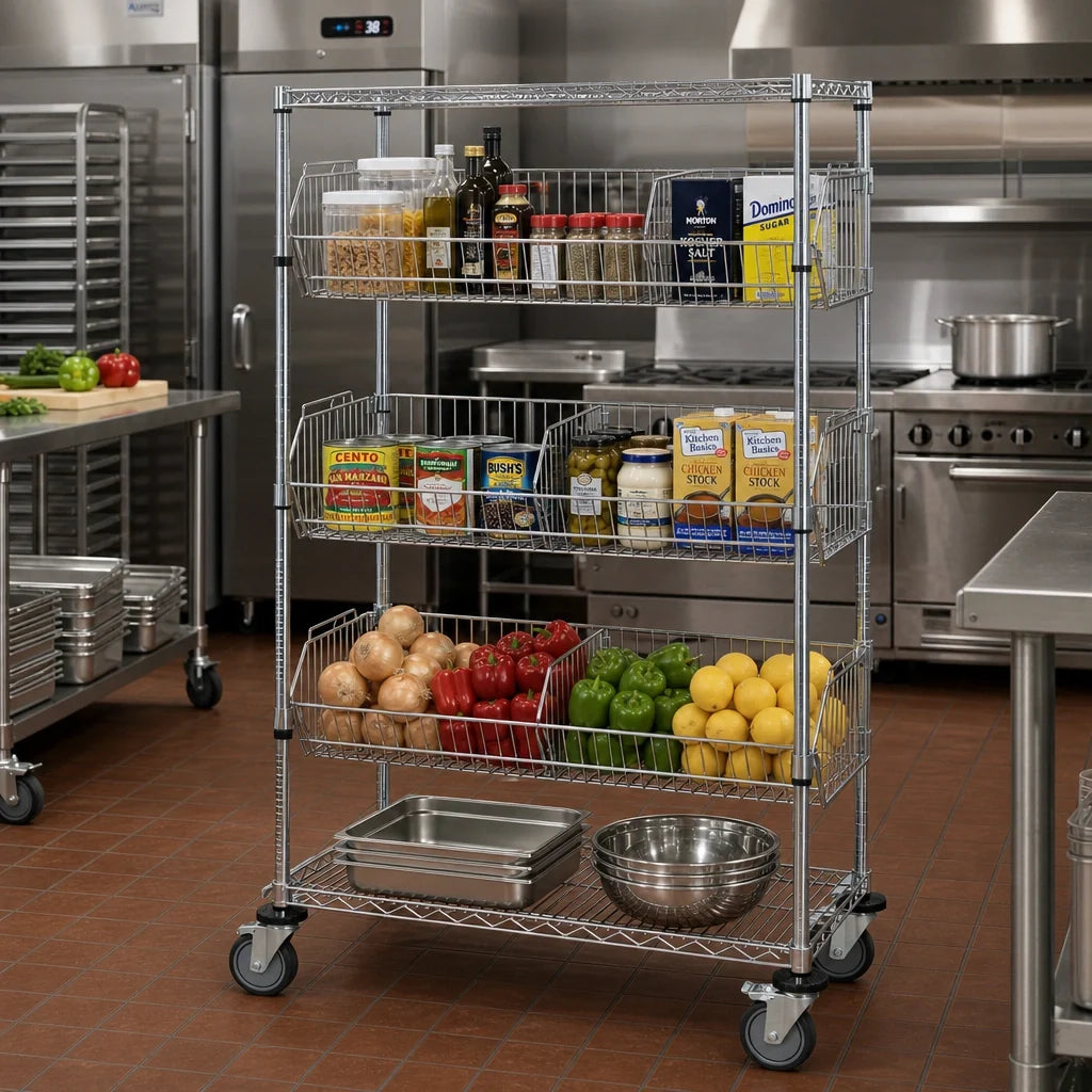 Quantum M2448BC6C Mobile Chrome-Plated Basket Unit with 3 Adjustable Baskets, 2 Wire Shelves, 48W x 24D x 69H