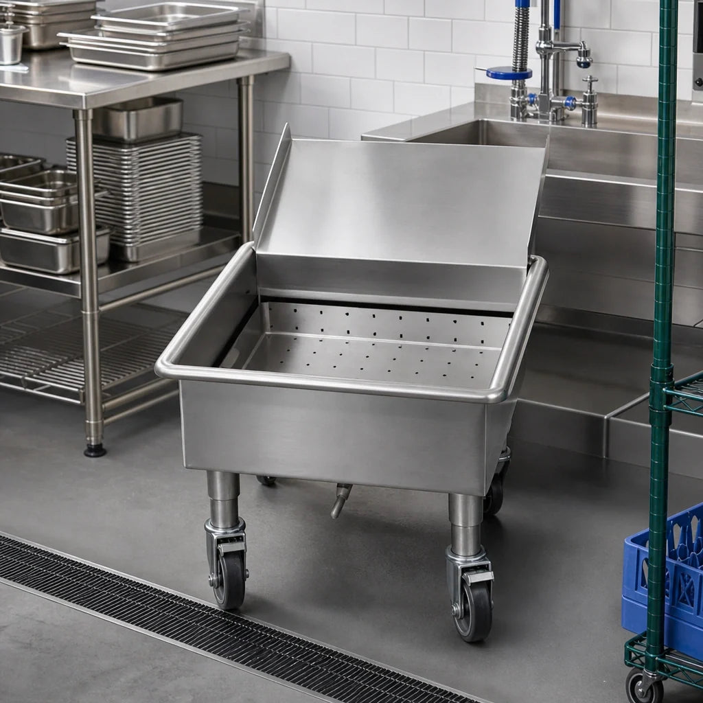 Eagle Group MSS2020SC Mobile Stainless Steel Utensil Soak Sink with Silver Chute, 20 x 20 x 8 Inch Compartment