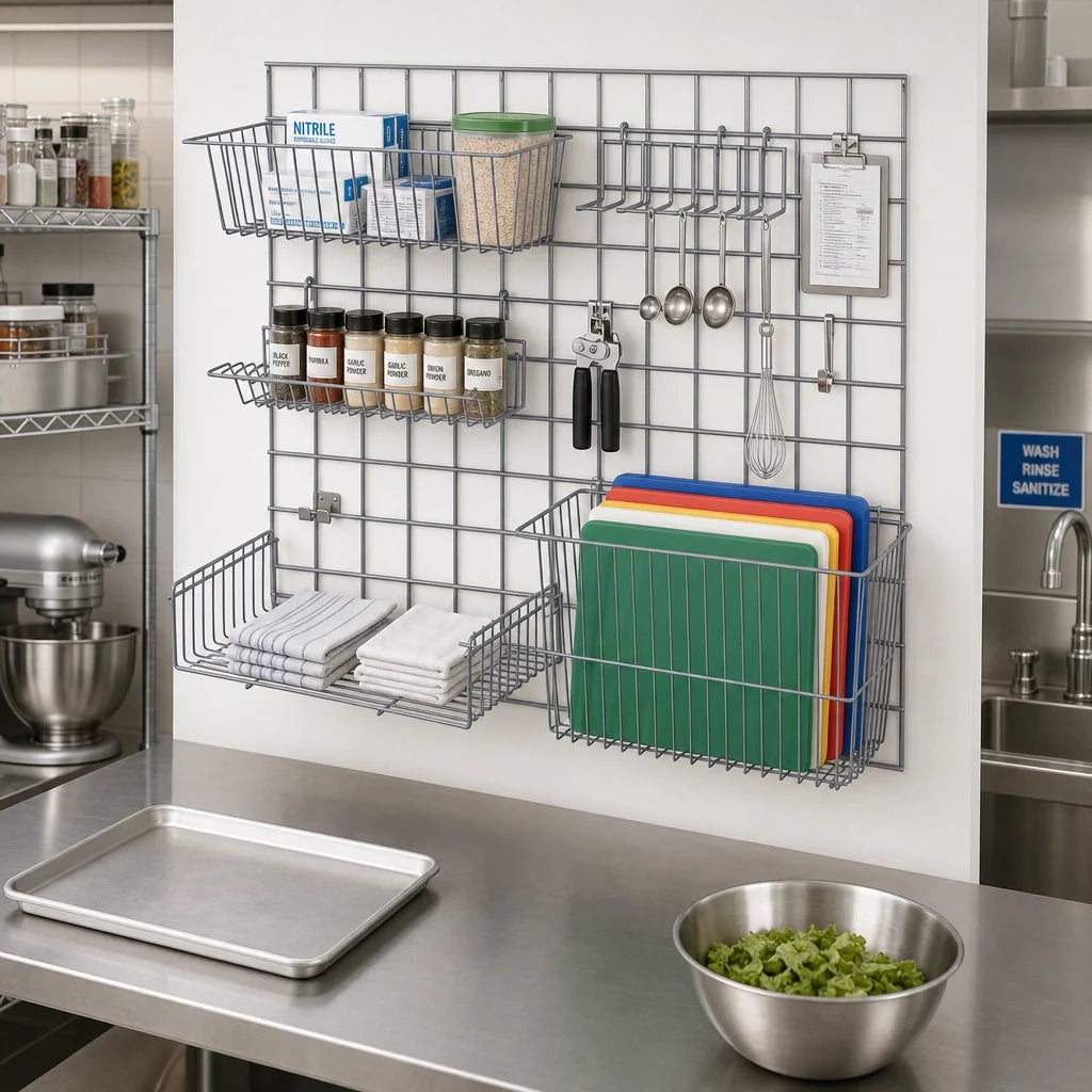 Quantum SGK-3036-1GY Wall-Mounted Store Grid Starter Kit, Light-Duty, Gray Epoxy, 36 x 30 in. Panel with Baskets, Shelf and Hooks