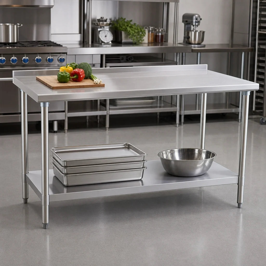 Eagle Group Deluxe UT2460SEB Stainless Steel Work Table, 60"W x 24"D, 16-Gauge 300-Series Top, Rear Upturn, Adjustable Undershelf