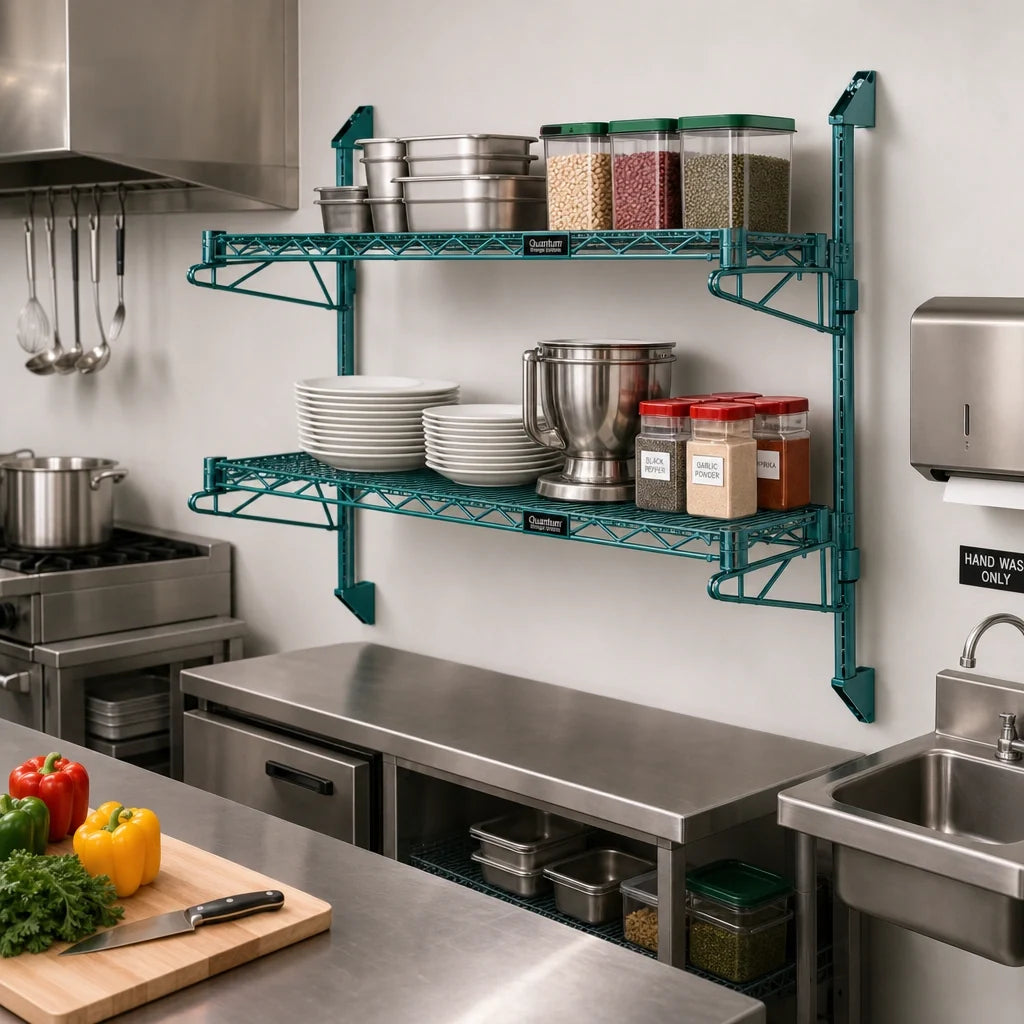 Quantum WC34-CB1860P Wall-Mounted Cantilever Double-Shelf Wire Shelving Unit, 60"W x 18"D, Green Epoxy