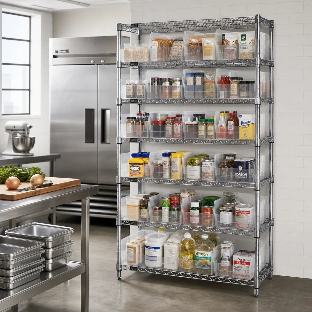 Quantum WR9-214CL Stationary Bin Wire Shelving System with 32 Clear Bins, 9 Shelves, Chrome, 36"W x 24"D x 74"H
