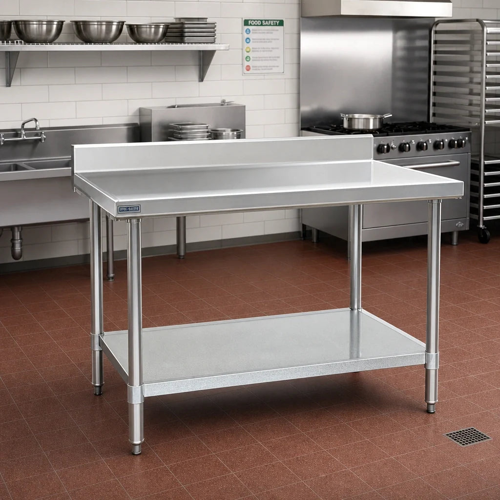 Eagle Group Spec-Master T3072EM-BS 72 x 30 14-Gauge Stainless Steel Work Table with 4-1/2-in Backsplash and Galvanized Undershelf