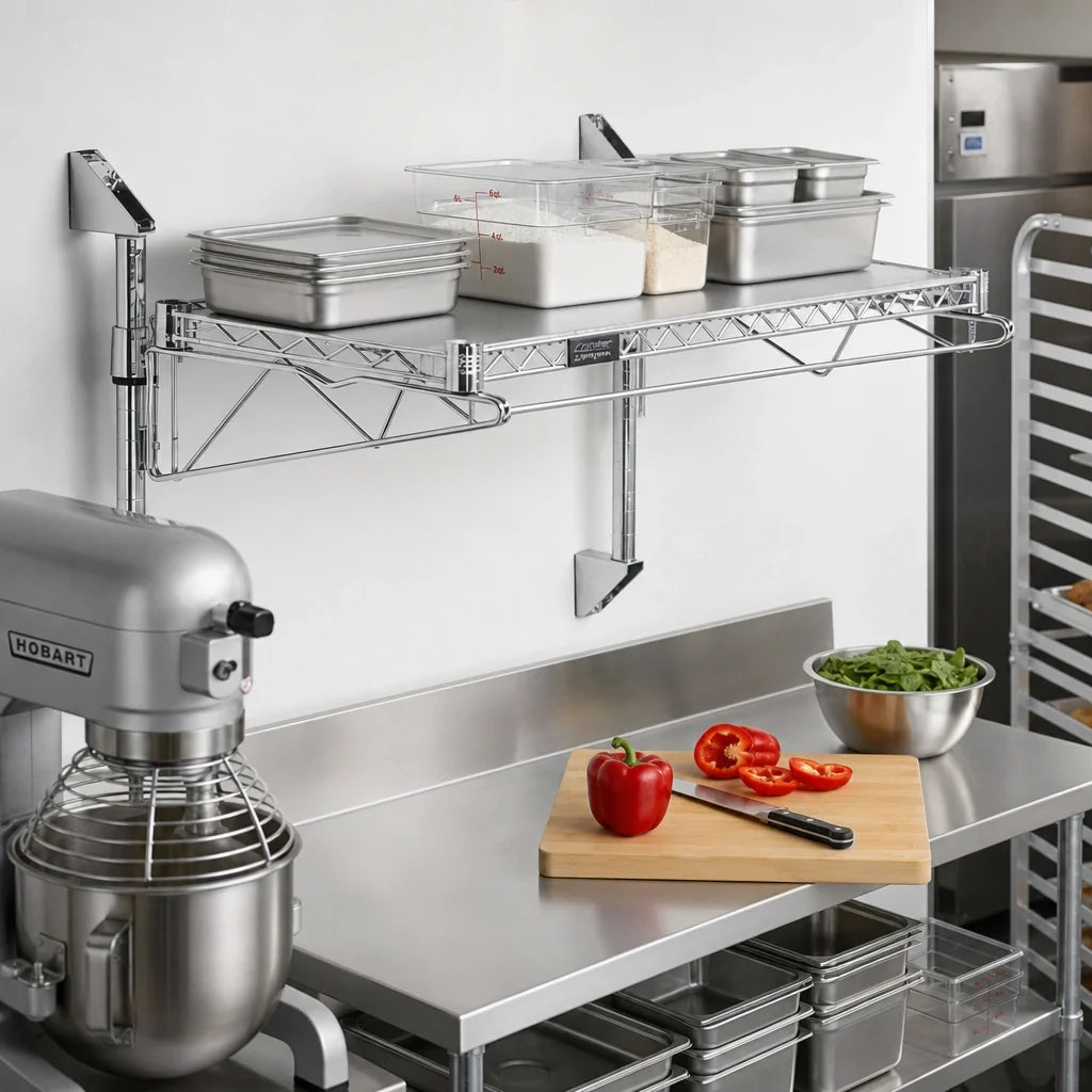 Quantum WC14-CB2154C Wall-Mounted Cantilever Single Wire Shelf, 54"W x 21"D, Chrome Plated, NSF Listed
