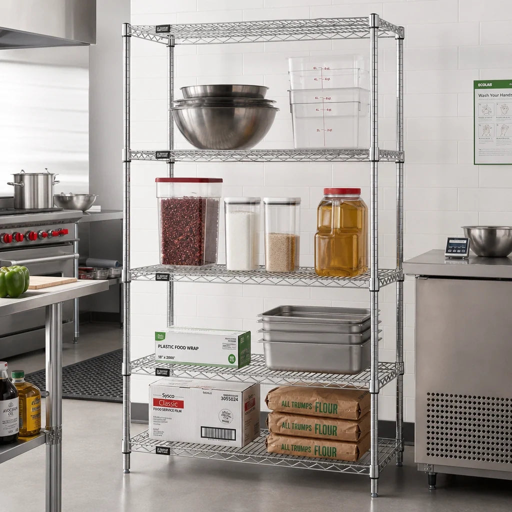 Quantum WR63-1242C Stationary Chrome Wire Shelving Starter Kit, 42 x 12 x 63 Inches, 4 Shelves