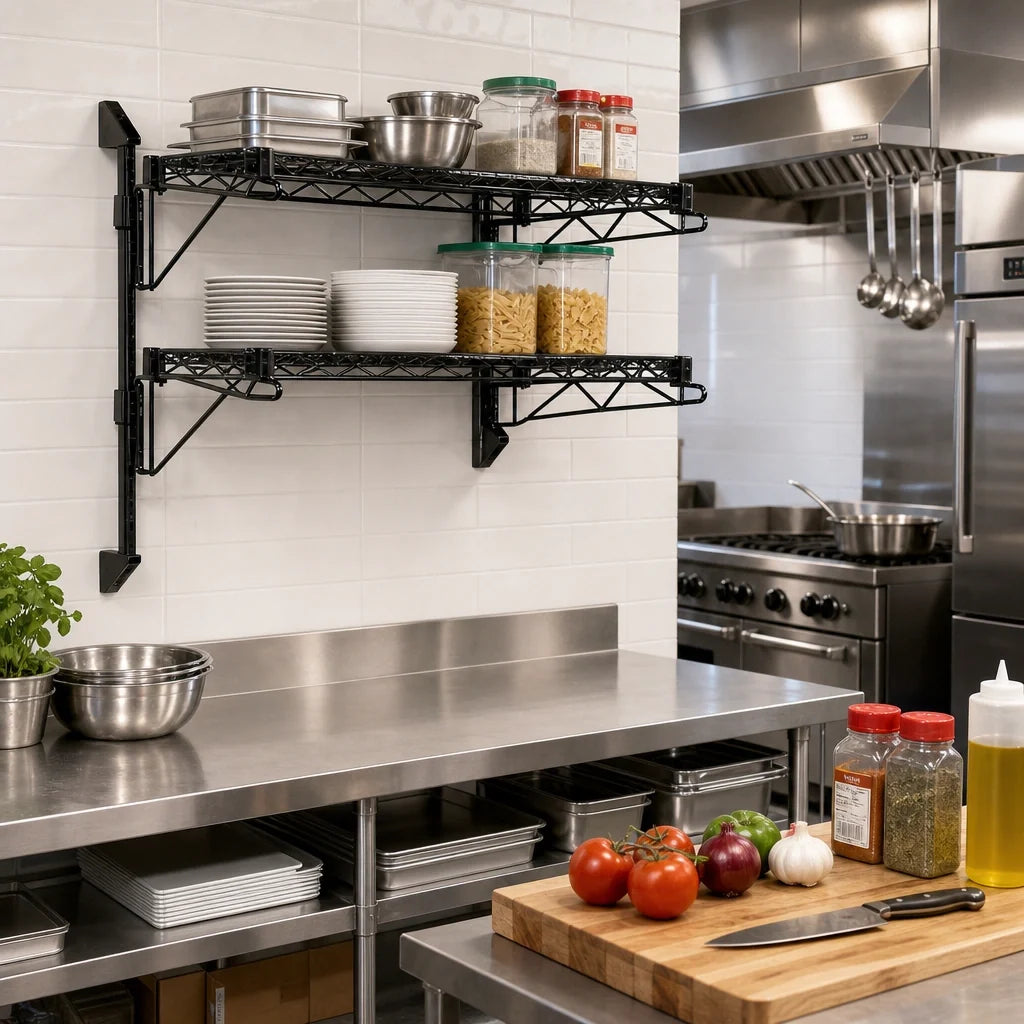 Quantum WC34-CB1224BK Wall-Mount Cantilever Double-Shelf Wire Shelving Unit, 24 x 12 Inches, Black Epoxy
