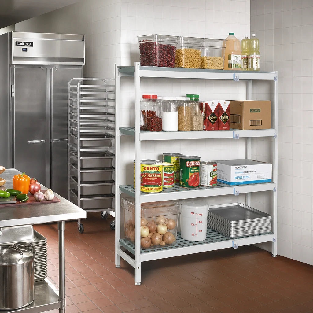Fermod Fermostock 4R52B66-CE 4-Tier Corner Expansion Polymer Shelving Unit, 52"W x 18"D x 66"H, Gray, Perforated