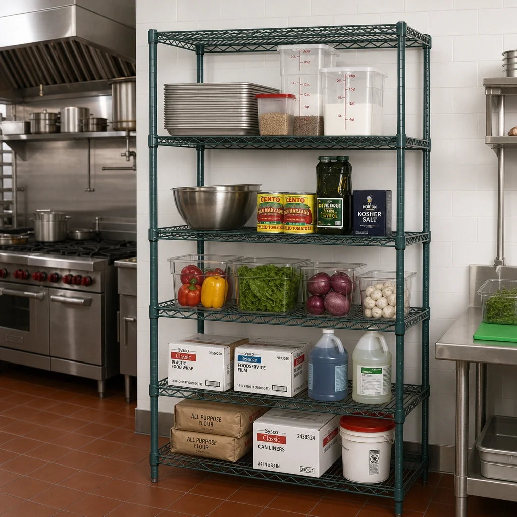 Quantum WR74-2436P-5 Stationary Wire Shelving Starter Unit, 36"W x 24"D x 74"H, 5 Shelves, Green Epoxy