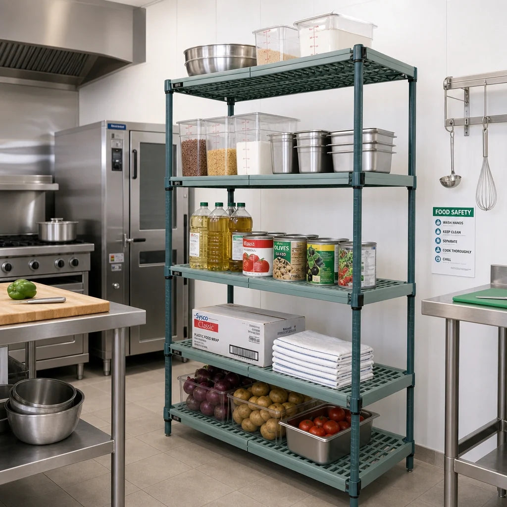 Quantum WR86-2142WPM-5 5-Tier Stationary Wire Plastic Mat Shelving Unit, 42W x 21D x 86H, Green Epoxy Finish