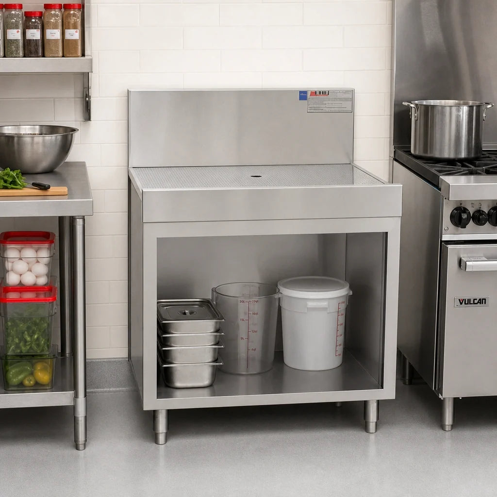 Eagle Group Spec-Bar WBOB48-19 Freestanding Stainless Steel Workboard Cabinet, Open Base, 48"W x 19"D, Removable Drain Insert, 8" Backsplash