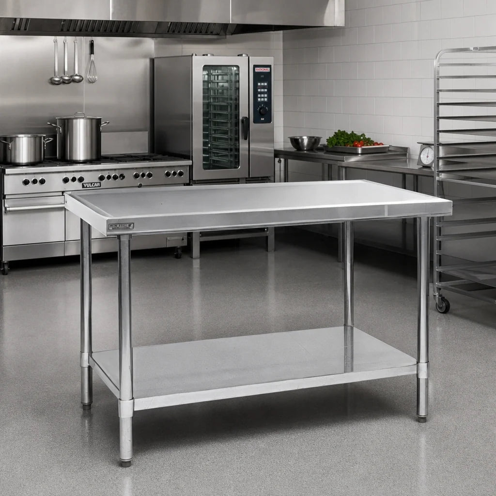 Eagle Group Spec-Master T4884EM Stainless Steel Marine Work Table, 84 x 48 in., 14/300 Series Top, Box Marine Edge, Adjustable Galvanized Undershelf