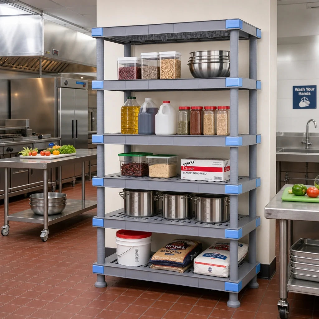 Quantum QP246062VS-5 5-Shelf Open Grid Polymer Shelving Unit with Dunnage Stand, 60"W x 24"D x 62"H, 2,000 lb. Capacity