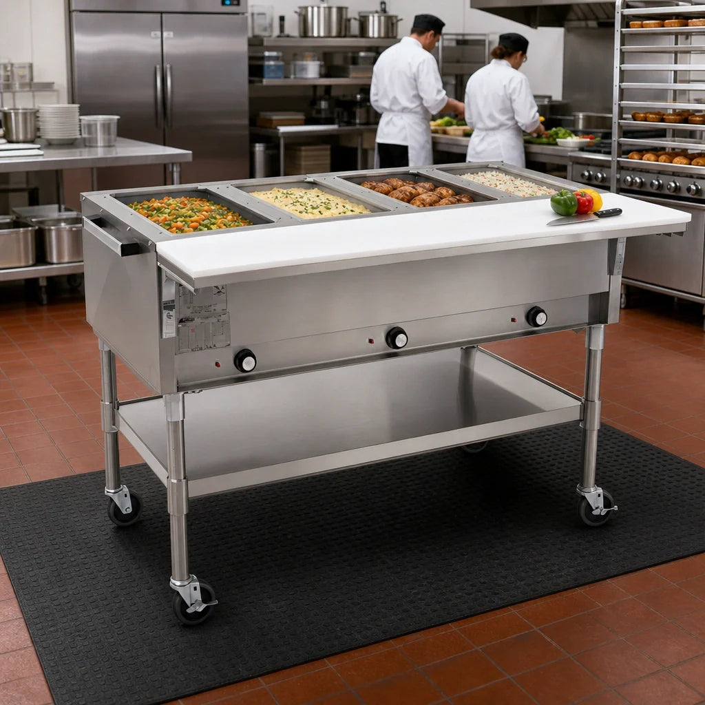 Eagle Group SPDHT4-208 Portable Electric Hot Food Table, 4 Dry Wells, Cutting Board, Open Shelf Base, 66 Inch, 208V