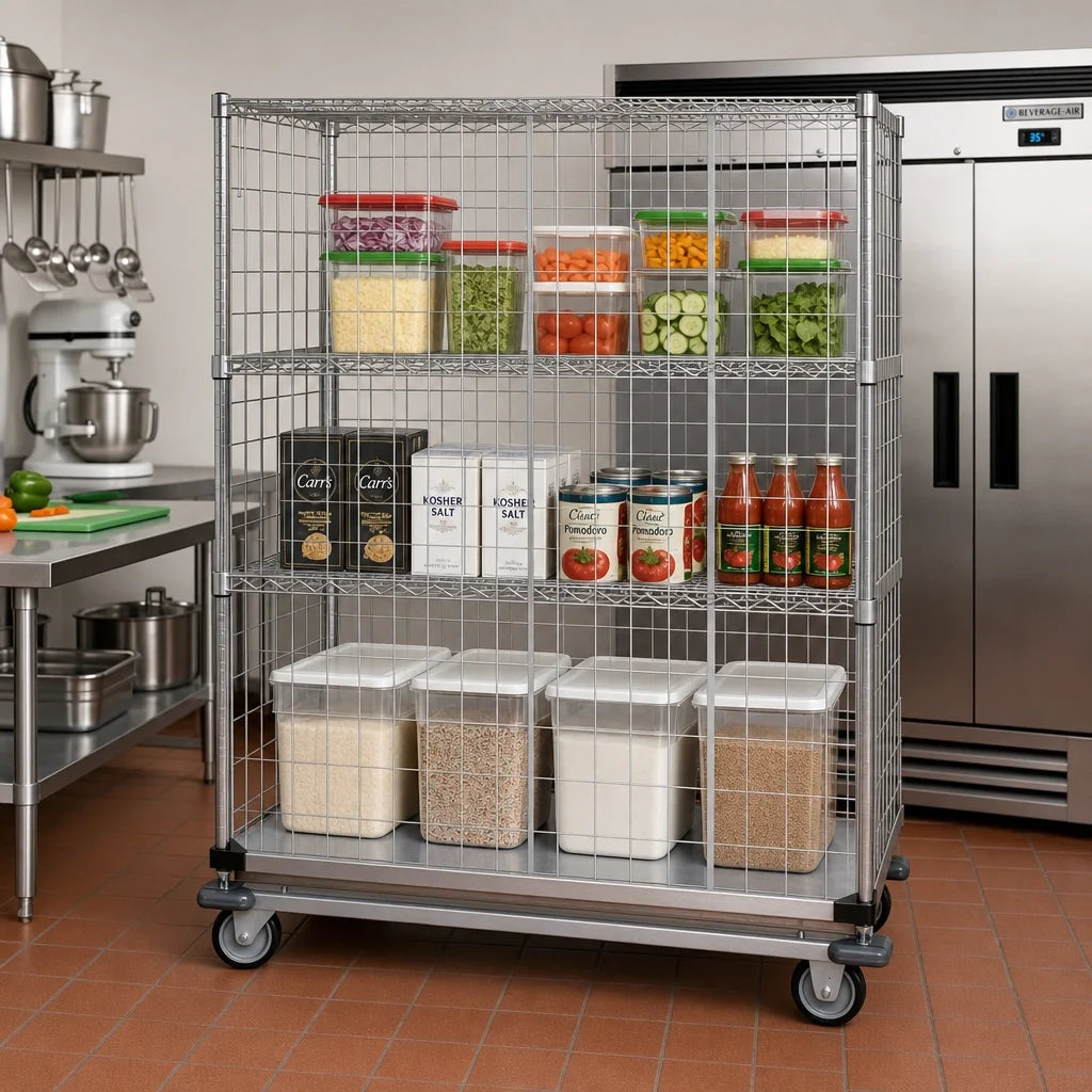 Quantum WRDBS4-63-2460EP Wire Enclosed Mobile Cart, Chrome, 4 Shelves, 60"W x 24"D x 69"H, 1200 lb Capacity