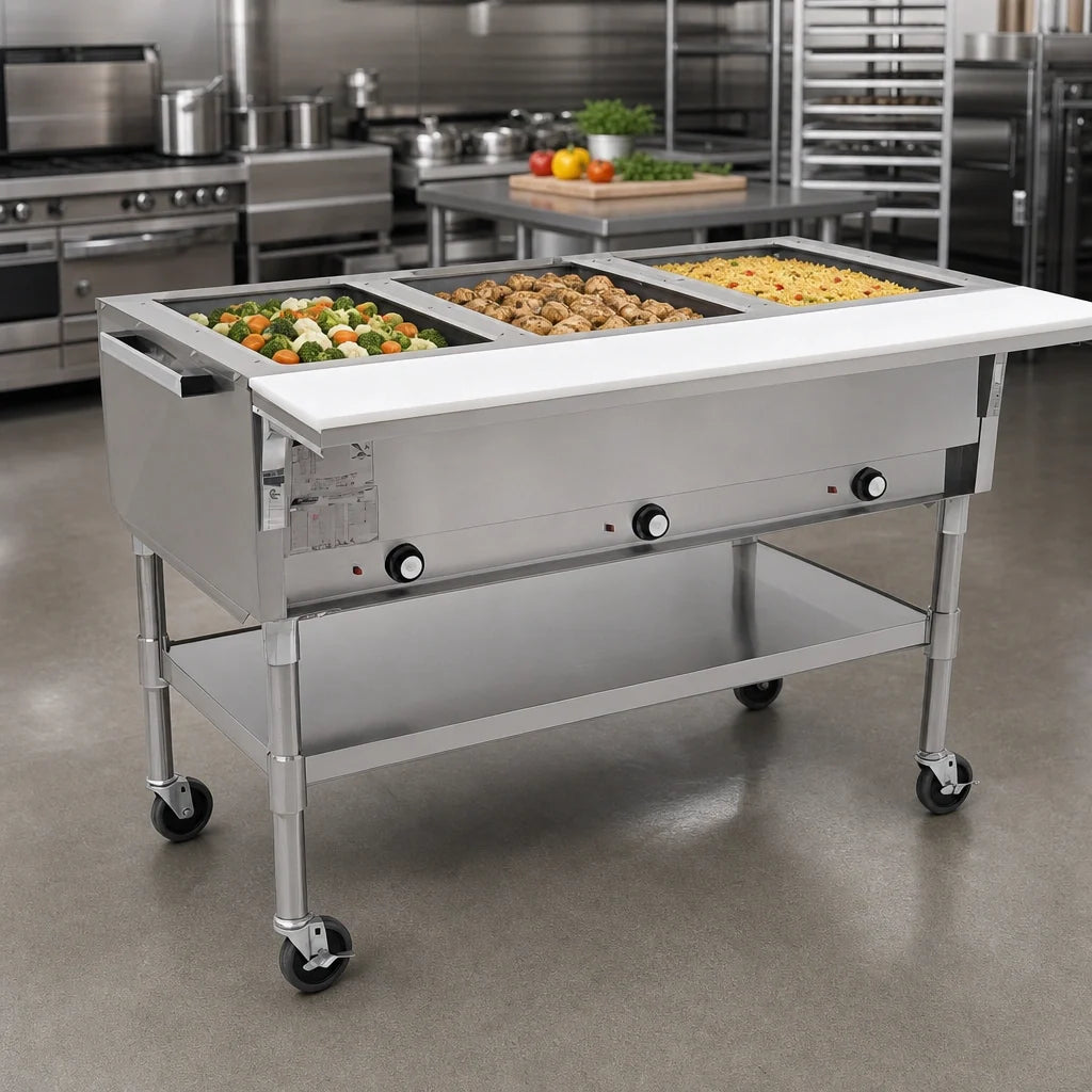 Eagle Group SPDHT3-208 Portable Electric Hot Food Table, 51-Inch, 3 Dry Wells, Open Base, Cutting Board, 208V