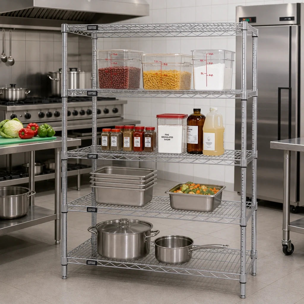 Quantum WR54-3660C Chrome Wire Shelving Starter Kit, 60"W x 36"D x 54"H, 4-Shelf Stationary Unit