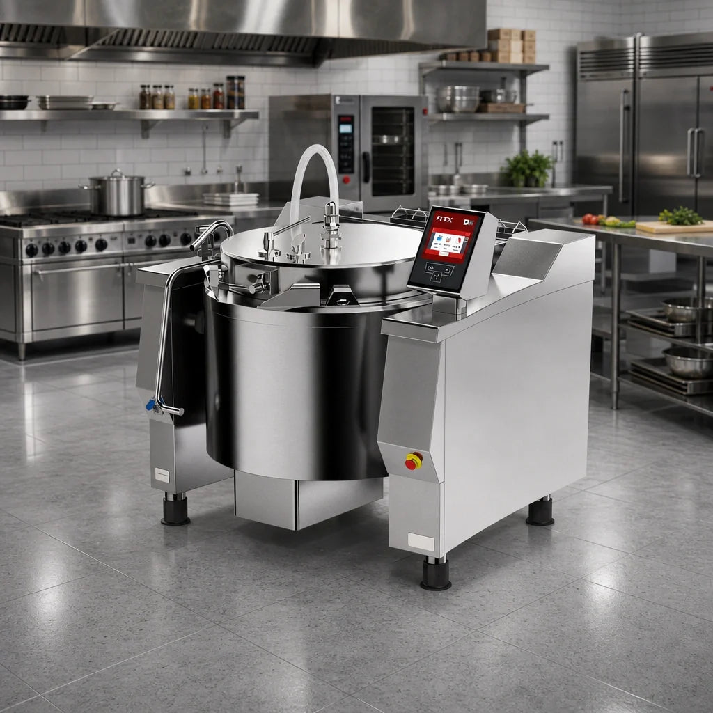 Firex (Middleby) Cucimix UCBTE082AV1 82-Gallon Electric Tilting Pressure Braising Pan with Automatic Mixer and Programmable Touchscreen
