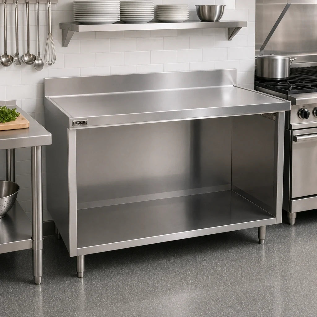 Eagle Group Spec-Master OB2484SEM-BS Stainless Steel Work Table with Open-Front Cabinet Base, 14-Gauge 304 Top, 4-1/2-Inch Backsplash, 84 x 24 Inches