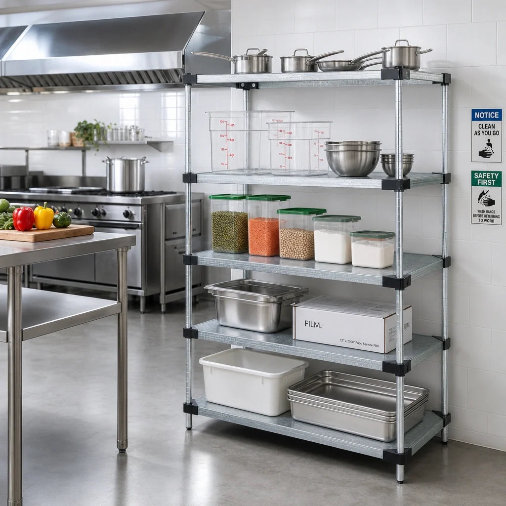 Quantum WR63-2454SG-5 Solid Shelving Starter Kit, 54W x 24D x 63H, 5 Shelves, Galvanized Steel, Chrome Posts