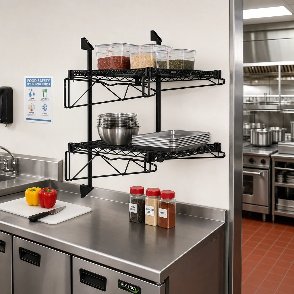 Quantum WC34-CB1436BK Wall-Mounted Cantilever Wire Shelving Unit, 2 Shelves, 36 x 14 in, Black Epoxy Finish