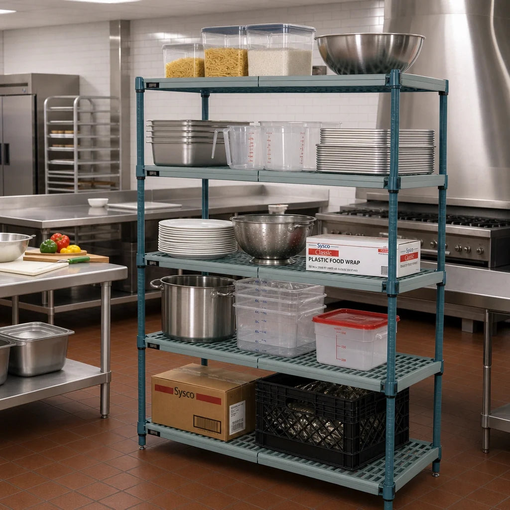 Quantum WR63-1454WPM-5 5-Tier Stationary Wire Plastic Mat Shelving Unit, 54"W x 14"D x 63"H, Green Epoxy Coated