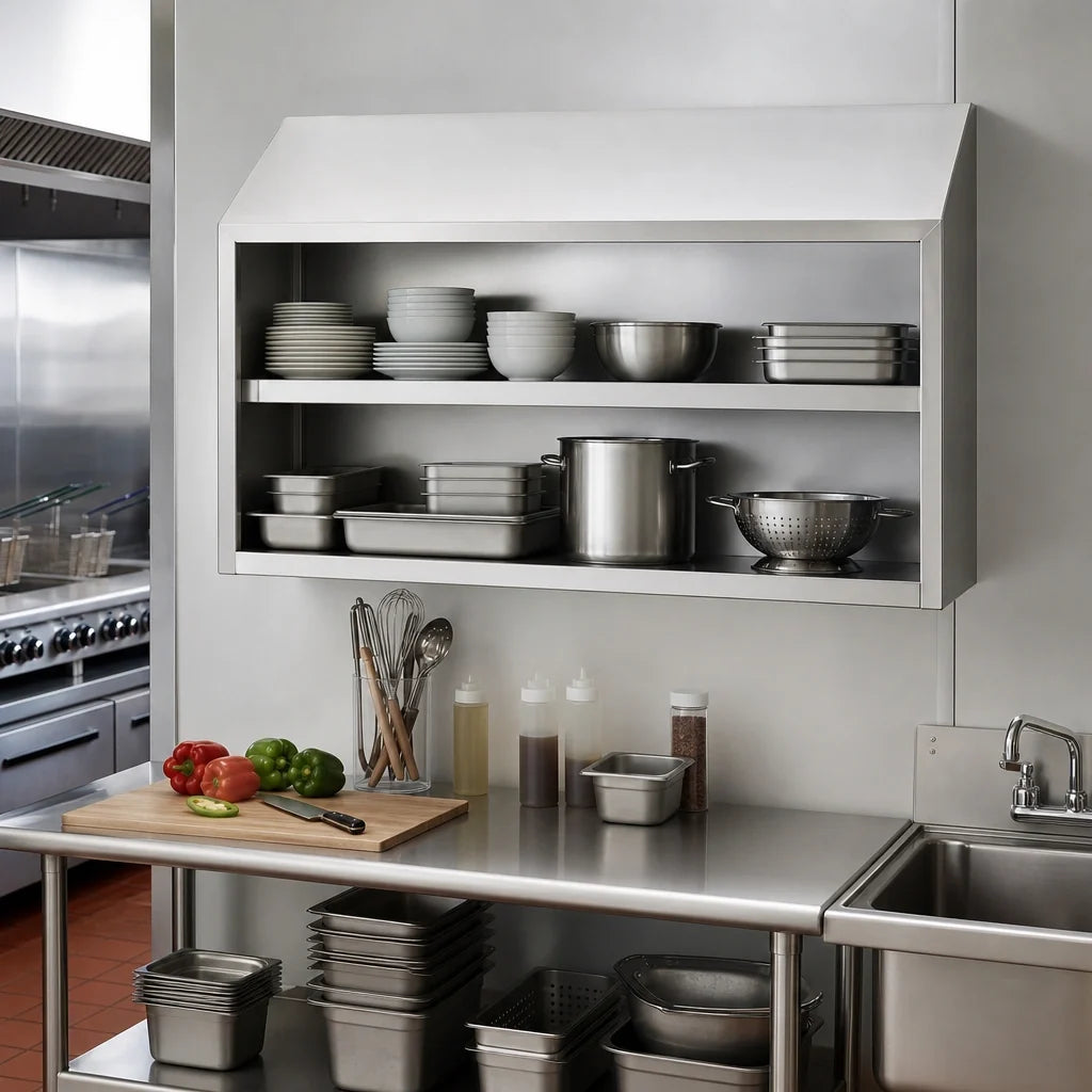 Eagle Group WCO-48 Open-Front Wall-Mounted Stainless Steel Cabinet, 48"W, Sloped Top, Fixed Center Shelf