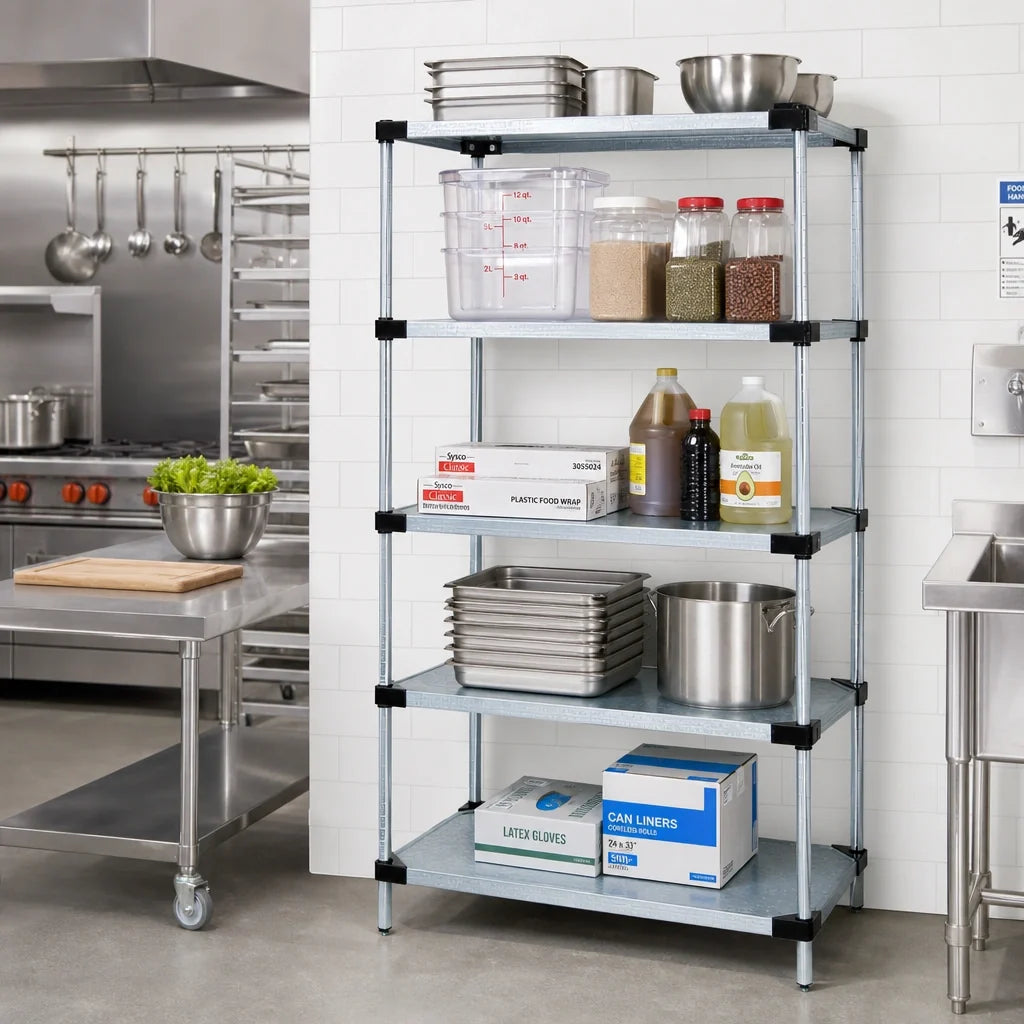 Quantum WR86-1824SG-5 Stationary Solid Shelving Starter Kit, 24"W x 18"D x 86"H, 5 Shelves, Galvanized Steel with Chrome Posts