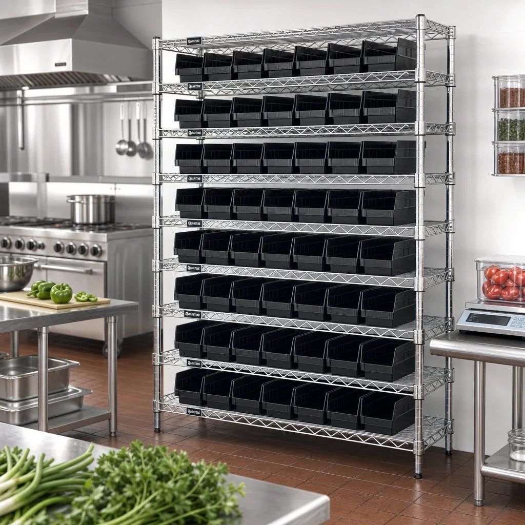 Quantum WR12-103CO Conductive Chrome-Plated Bin Wire Shelving System, 36"W x 18"D x 74"H, 12 Shelves with 88 Bins
