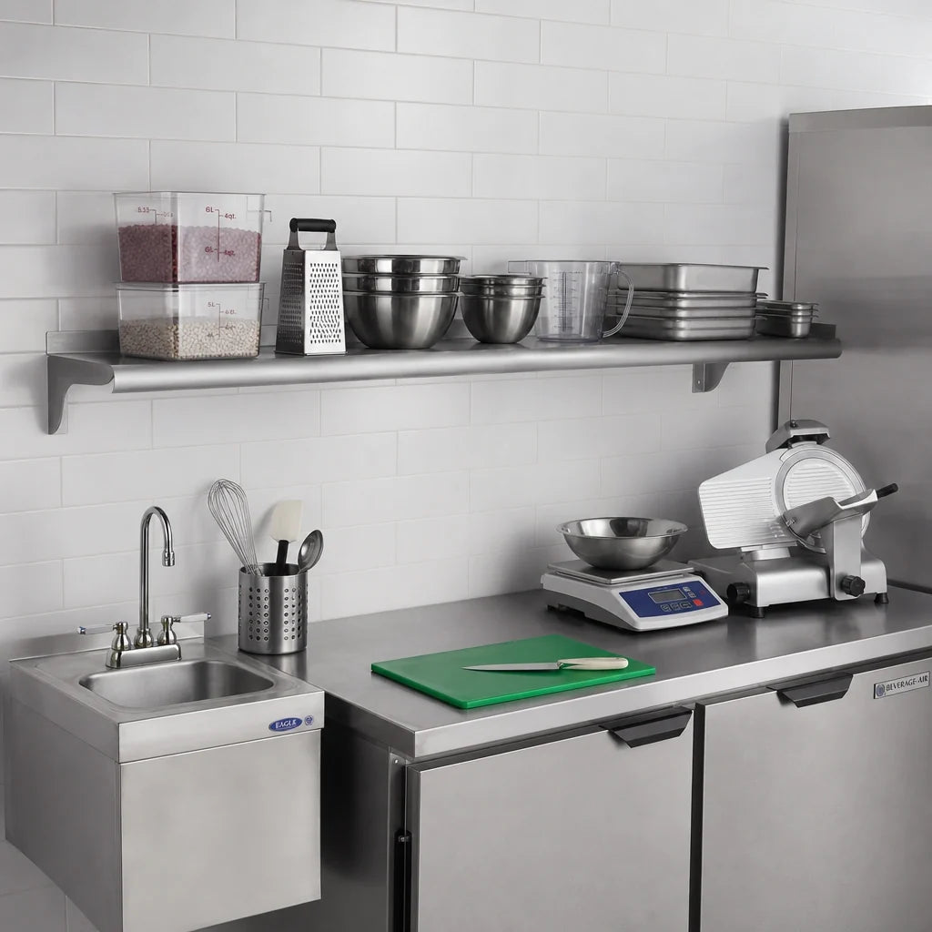 Eagle Group WS1096-14/3 96"W x 10"D Wall-Mounted Shelf, 14-Gauge Type 304 Stainless Steel, Rolled Front Edge