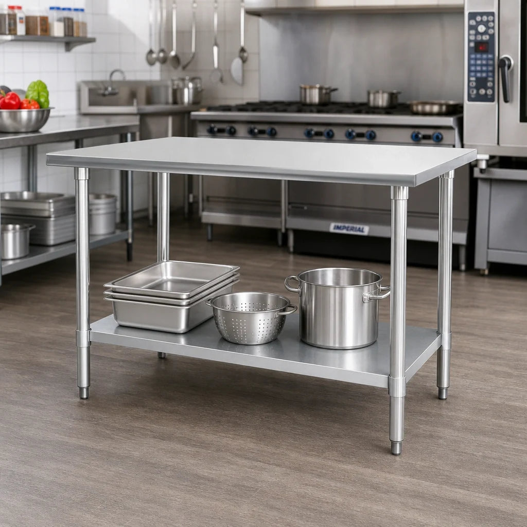 Eagle Group Budget Series T2448B 48 x 24 Flat Top 430 Stainless Steel Work Table with Adjustable Galvanized Undershelf