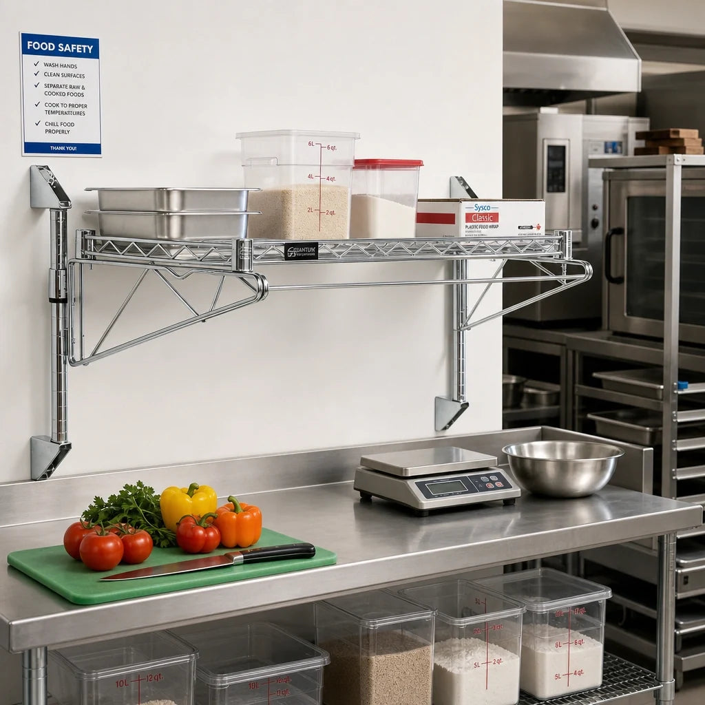 Quantum WC14-CB1442C Wall-Mount Cantilever Wire Shelving Unit, Single Shelf, 42 x 14 in, Chrome-Plated