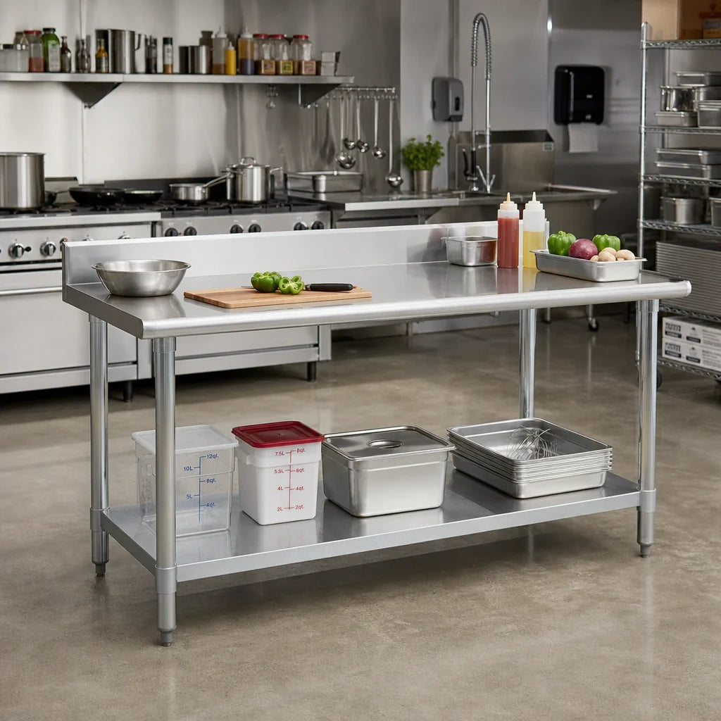 Eagle Group Spec-Master T24144E-BS 144-Inch Stainless Steel Work Table with 4-1/2-Inch Backsplash and Adjustable Galvanized Undershelf