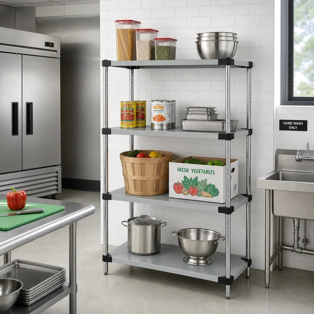 Quantum WRS4-86-1436SS Stationary Solid Stainless Steel Shelving Starter Kit, 4 Shelves and 4 Posts, 36 x 14 x 86 Inches