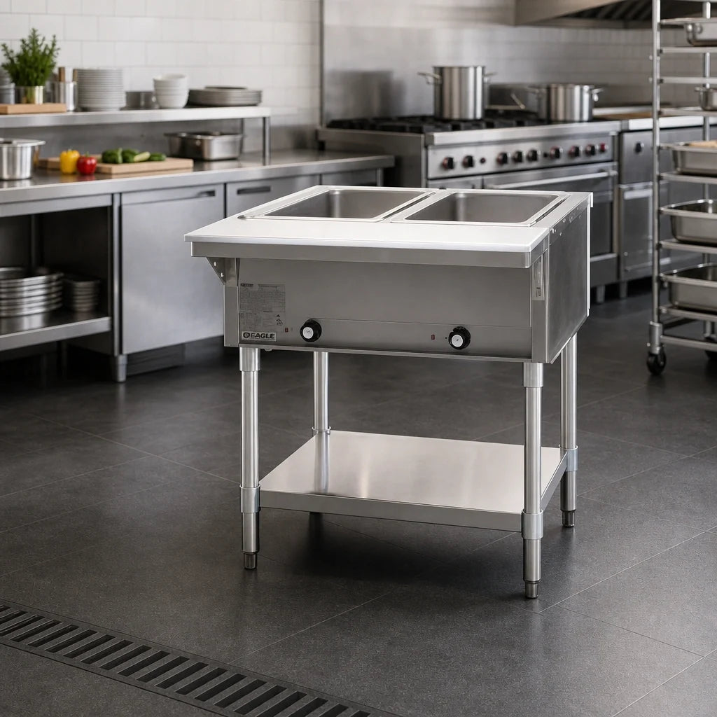 Eagle Group DHT2-208-3 33-Inch Electric Hot Food Table, Open Base, 2 Dry Wells, 208V 3-Phase, Stainless Steel, Cutting Board