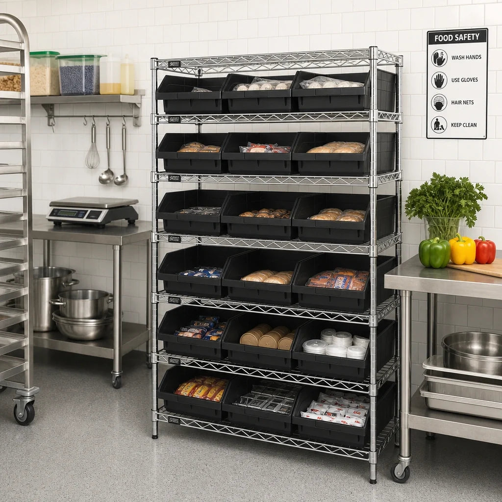 Quantum WR6-36-1236-109CO Conductive Chrome Wire Bin Shelving Unit, 6 Shelves, 15 Bins, 36"W x 12"D x 36"H