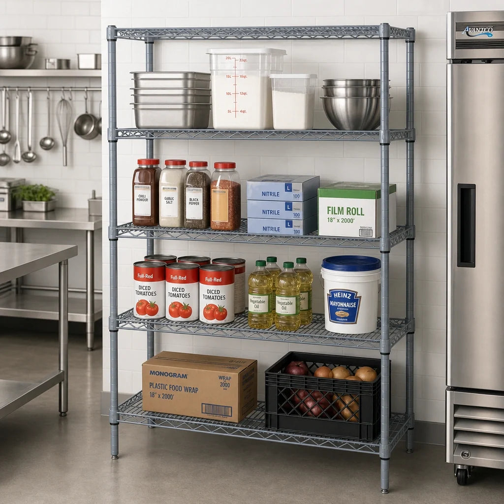 Quantum WR54-1860GY-5 Wire Shelving Starter Unit, 5-Shelf, 60"W x 18"D x 54"H, Gray Epoxy Finish