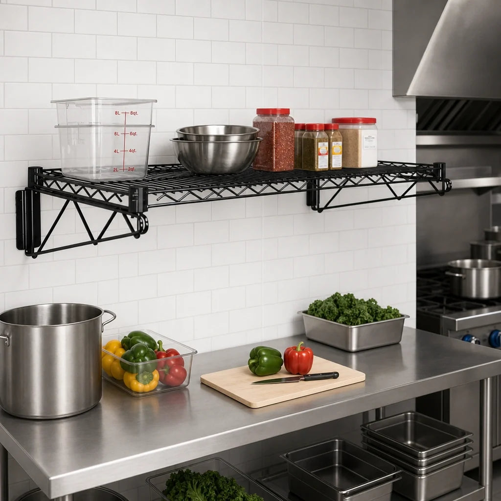Quantum WDWB2460BK Wall-Mount Cantilever Single Wire Shelf Kit, 60 x 24 Inches, Black Epoxy Antimicrobial Finish