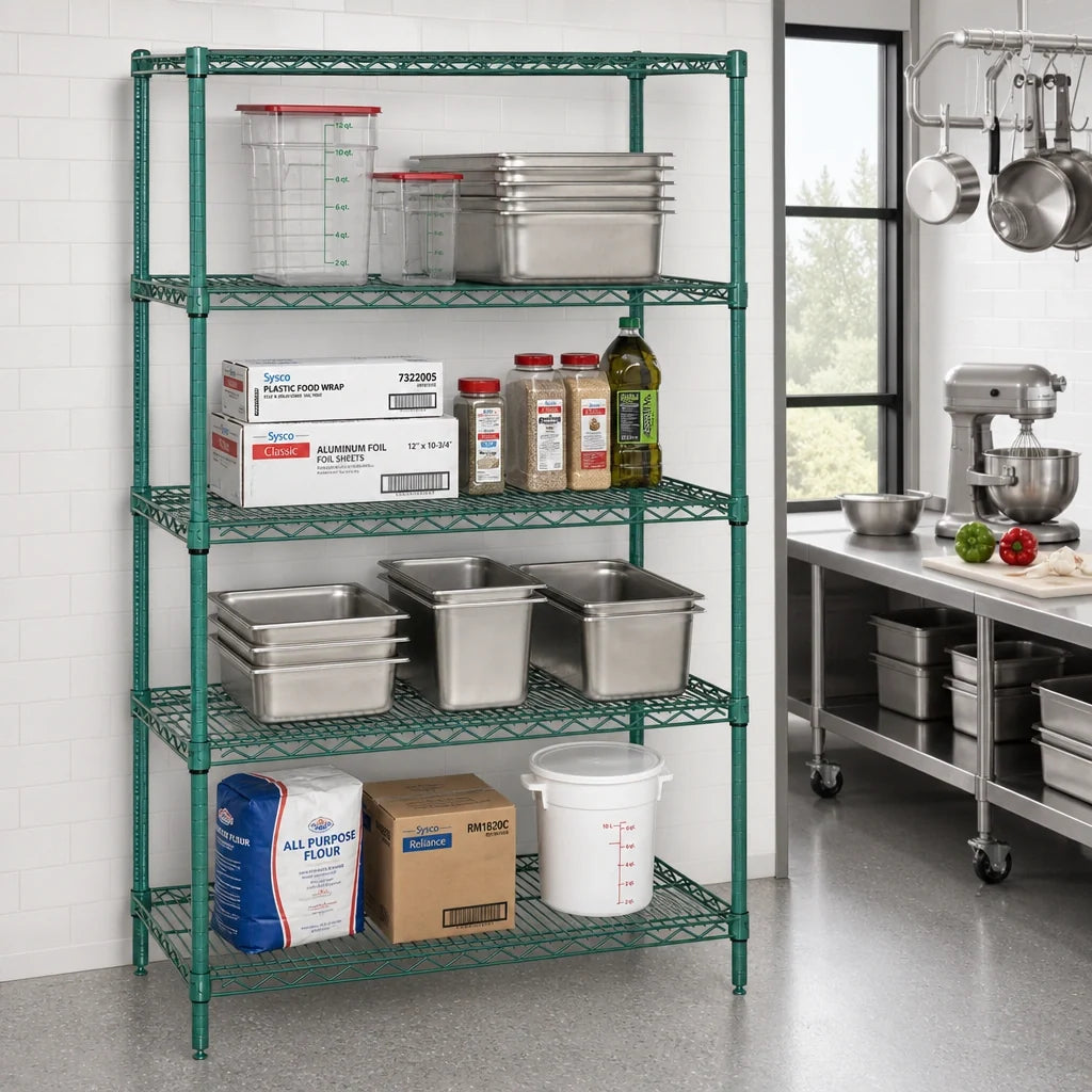 Quantum WR63-1436P 36W x 14D x 63H Green Epoxy Wire Shelving Starter Unit, 4-Shelf Stationary