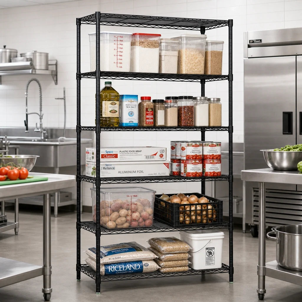 Quantum WR74-2430BK-5 Wire Shelving Starter Kit, 30"W x 24"D x 74"H, 5 Shelves, Black Epoxy Finish