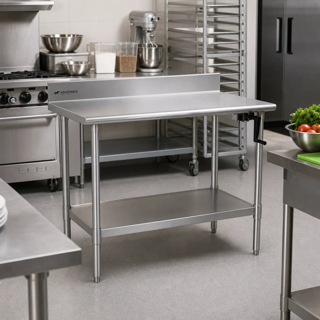 Eagle Group AdjusTable T2448SE-BS-HA Height-Adjustable Stainless Steel Work Table with Backsplash and Undershelf, 48 x 24 Inches