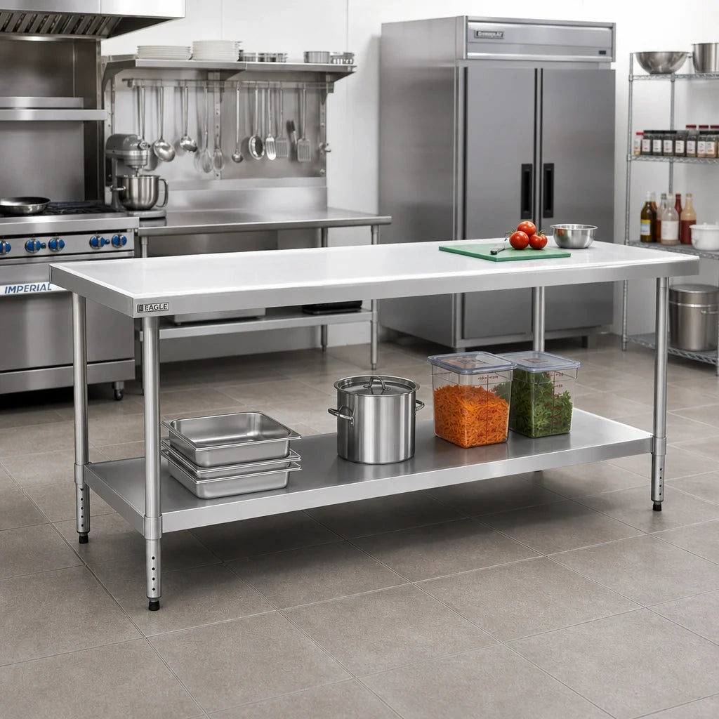 Eagle Group Spec-Master T4872SEM Stainless Steel Work Table, 72"W x 48"D, 14-Gauge Top, Box Marine Edge, Adjustable Undershelf