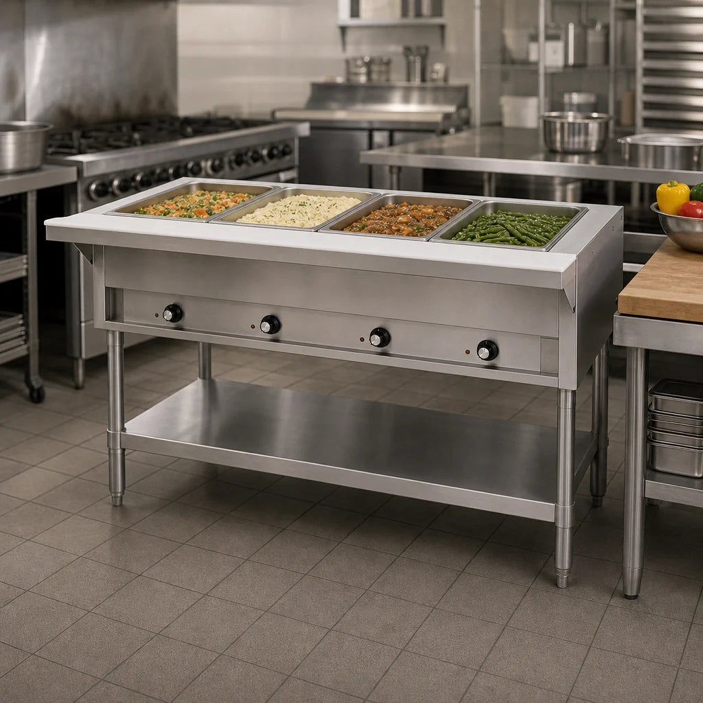Eagle Group SHT4-LP 63.5-Inch 4-Well Propane Hot Food Table, Stainless Steel Open Base with Cutting Board and Undershelf