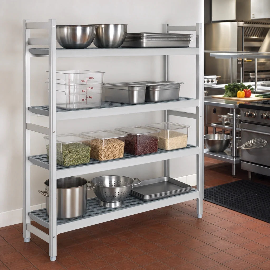 Fermod Fermostock 4R31B66 4-Tier Perforated Starter Shelving Unit, 66"H x 31"W x 18"D, Aluminum with Removable Polymer Inserts