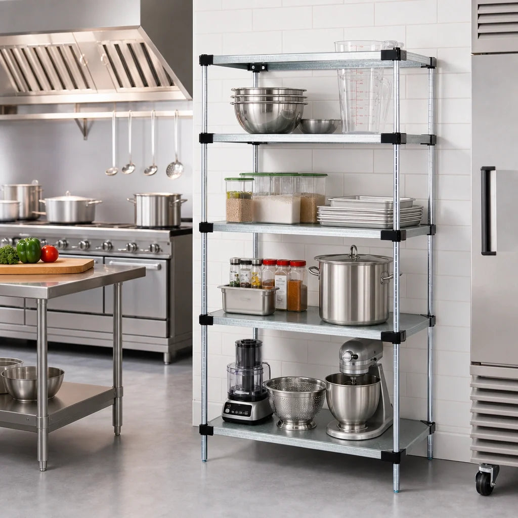 Quantum WR63-2124SG Solid Shelving Starter Unit, Stationary, 4 Galvanized Steel Shelves, Chrome Posts, 24"W x 21"D x 63"H