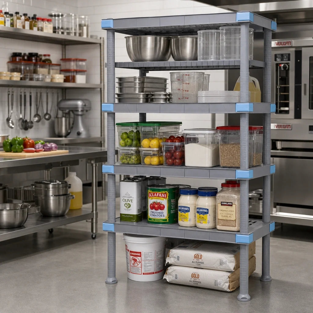 Quantum QP217262V4S1 Polymer Shelving Unit, 72"W x 21"D x 62"H, 2000 lb Capacity, 4 Open/1 Solid Grid Shelf, Gray