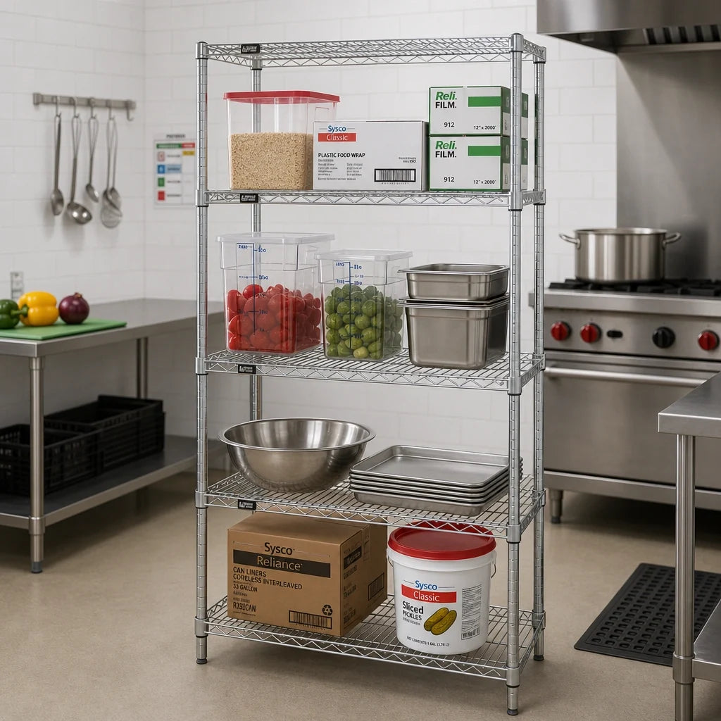 Quantum WR74-3042C Stationary Chrome Wire Shelving Starter Kit, 42"W x 30"D x 74"H, 4 Shelves, 4 Posts