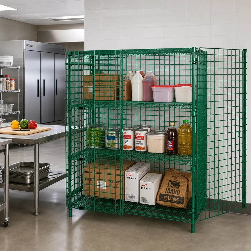 Quantum 1860-63SECP-2 Stationary Wire Security Storage Cage with Locking Doors, 2 Intermediate Shelves, 60"W x 18"D x 63"H, Green Epoxy