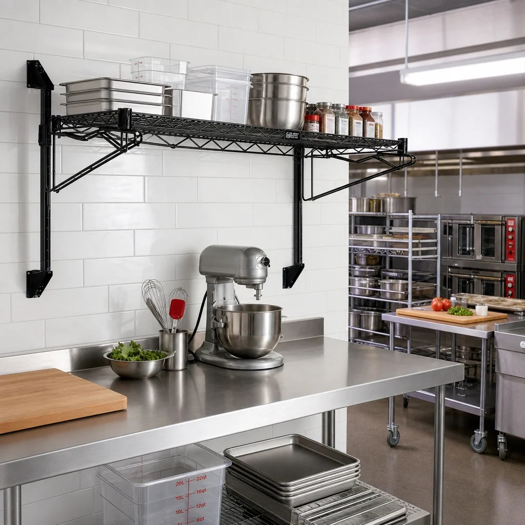 Quantum WC14-CB2160BK Wall-Mount Cantilever Wire Shelving Kit, Single 60"W x 21"D Shelf, Black Epoxy