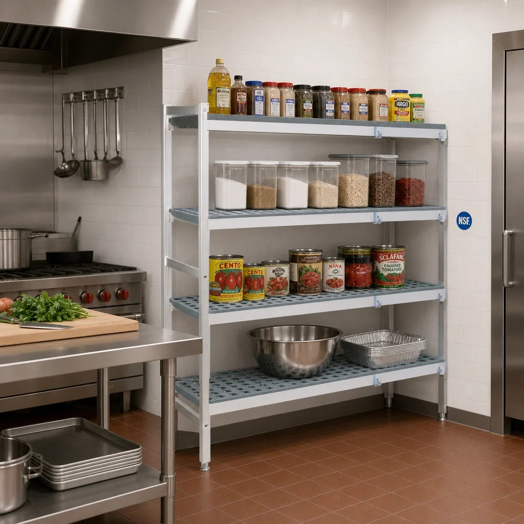 Fermod Fermostock 4R47C83-CE 4-Tier Corner Expansion Shelving Unit, 83" H x 47" W x 22" D, Anodized Aluminum