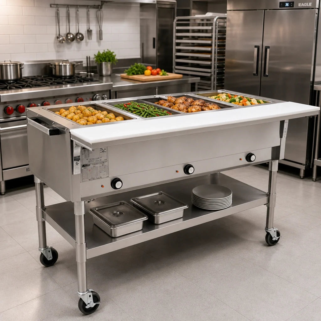 Eagle Group SPDHT4-208-3 66-Inch Mobile Electric Hot Food Table, 4 Dry Wells, Open Shelf Base, 208V 3-Phase